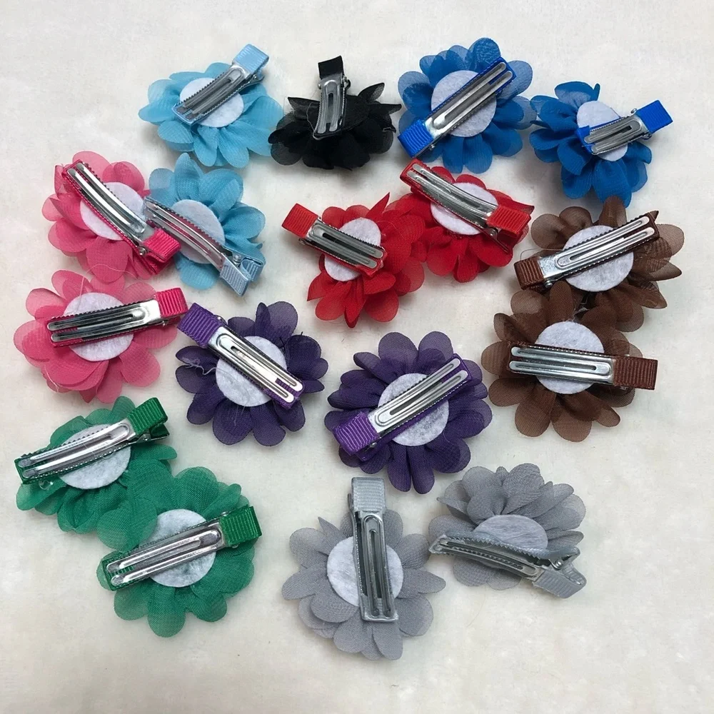 Lot Bundle Girls’ Primary Color Chiffon Flower Hair Clip Barrette - 17 Total